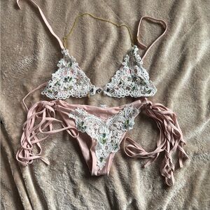 Pink and White Lace Bikini Set